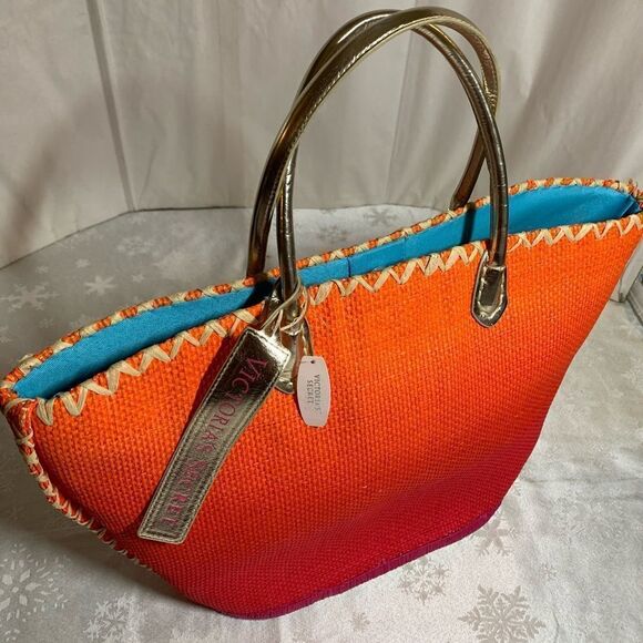 NWT Large Victorias Secret Straw Tote Shopper Orange w/ Gold Tone Handle Gorgeou - Picture 1 of 7